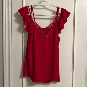Express Sleeveless blouse​​, red small, ruffle cap​, double spaghetti strap